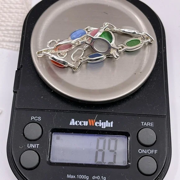 Stunning Vintage Sterling Silver Chainlink Bracelet with Multicolored Cabochons - Picture 14 of 16